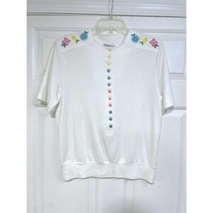 VTG 80s Sanibel White Top Colorful Floral Embroidery Buttons‎ Womens M Granny